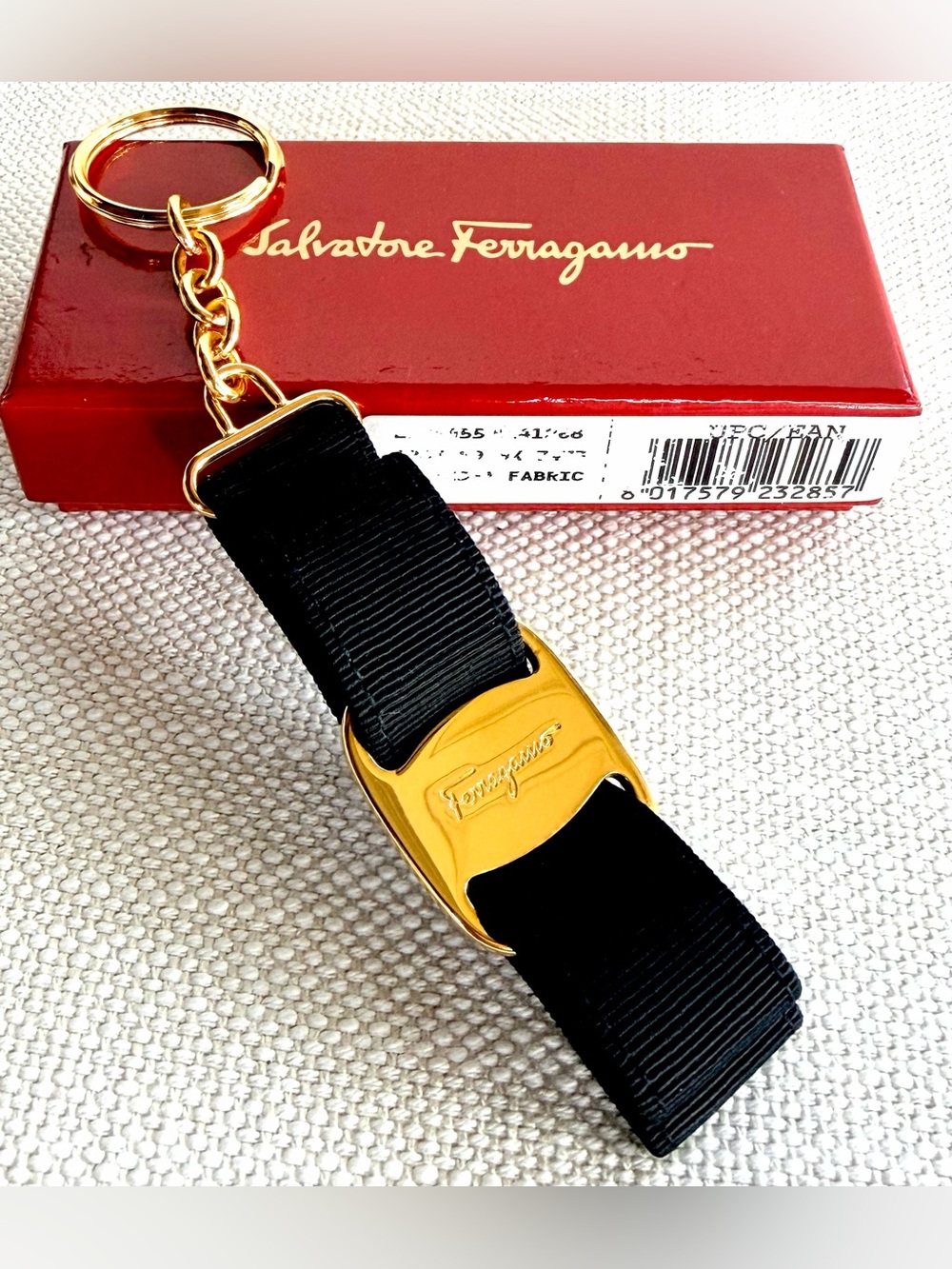 SALVATORE FERRAGAMO Vara Bow Black Gold Keychain Bag Charm w/ Box